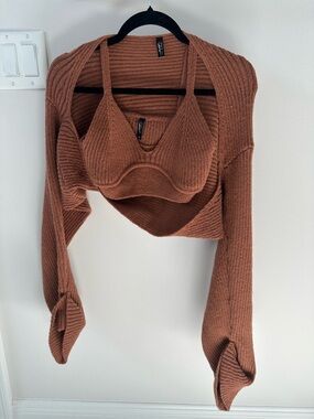 Ribbed Knit Crop Top and Bolero Set - Brown